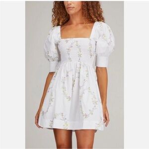 Ganni White Printed Floral Puff Sleeve Mini Dress size 6/8